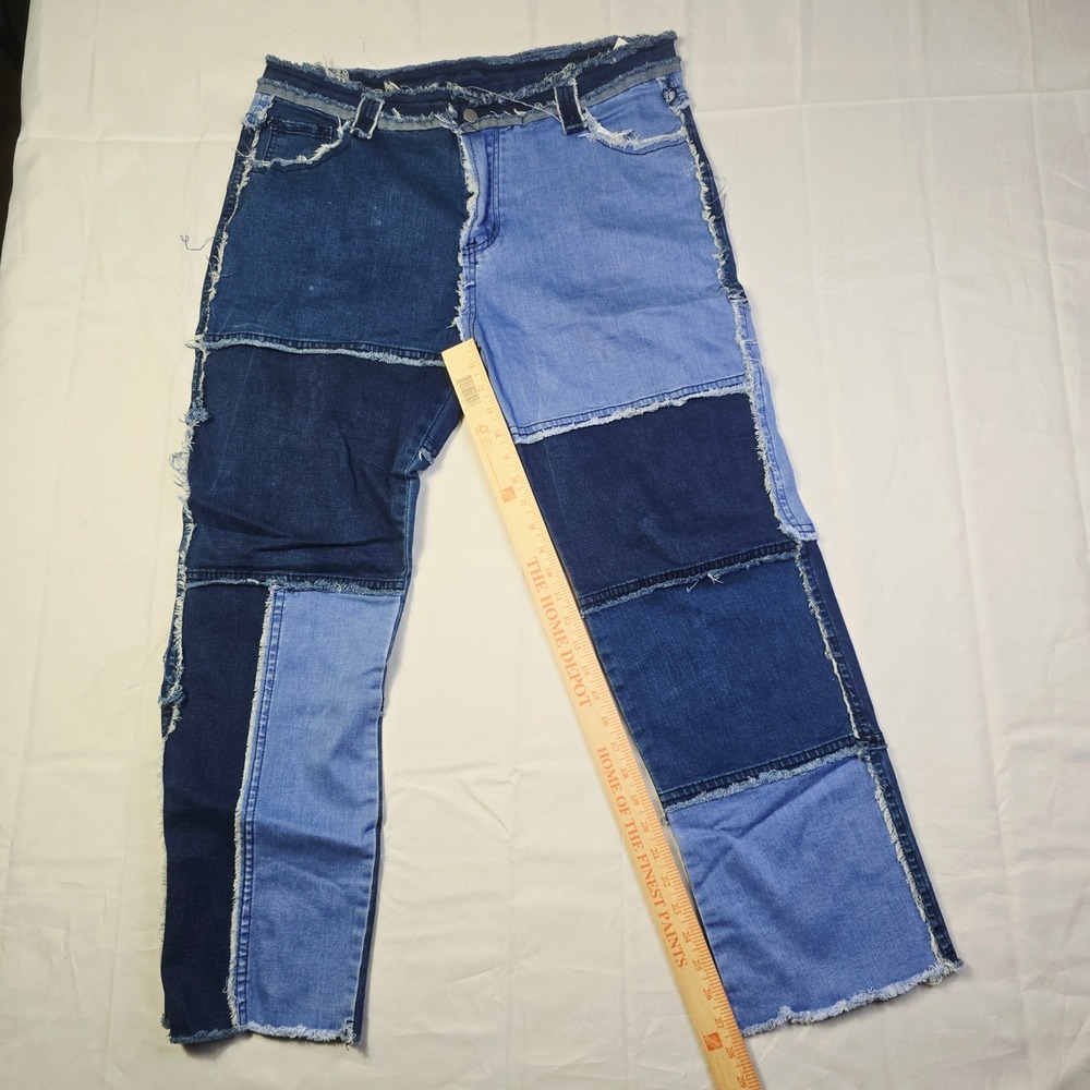 Unbranded Men's Patchwork Denim Jeans XL 36 x 29 Blue Frayed Raw Edge Seams Z36 - Picture 8 of 12